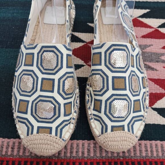 Tory Burch Cecily Embellished Espadrille Flats Sz‎ 9.5 Tan Canvas Sequin Rattan - Picture 4 of 10